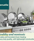 Stainless Steel Cookware Set 14 Piece 5 Ply Full Clad Induction Ready Pots and Pans set on modern kitchen stove.