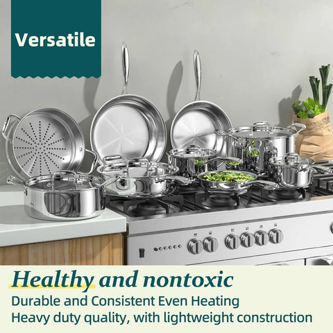 Stainless Steel Cookware Set 14 Piece 5 Ply Full Clad Induction Ready Pots and Pans set on modern kitchen stove.