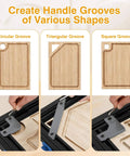 Adjustable Router Jig For Cutting Boards Up To 18 By 18 Inches showing circular, triangular, and square groove guides.