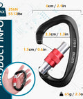 Heavy Duty Auto Locking Climbing Carabiners 25kN 5620 Lbs UIAA CE Certified dimensions and weight overview