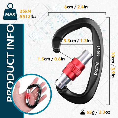 Heavy Duty Auto Locking Climbing Carabiners 25kN 5620 Lbs UIAA CE Certified dimensions and weight overview