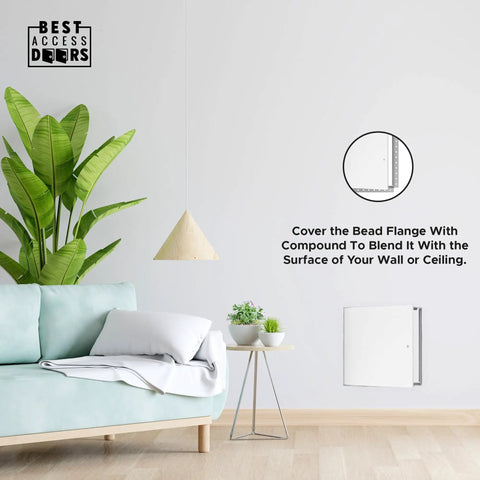 Rock Solid 18 X 18 Inch Metal Access Panel With Bead Flange on wall next to plants and couch, 16 gauge steel access door.