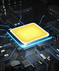 Close-up of a bright yellow LED chip on a circuit board, showcasing technology in JUDYSSY Outdoor Waterproof Solar Street Light Led Wall Light.