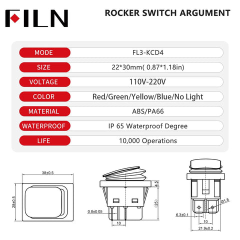 Heavy Duty 30A IP65 Waterproof Toggle Rocker Switch 12-24V LED On Off DPST Snap-In Mount specifications diagram