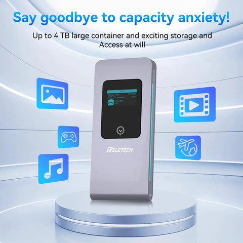 No Fuss Portable M.2 NVMe SATA SSD Enclosure USB 3.2 Type C 10Gbps on display, showcasing 4TB capacity and user interface.