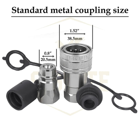 Two-piece ISO A tractor hydraulic quick-disconnect dust caps and female plug covers; metal fittings, black