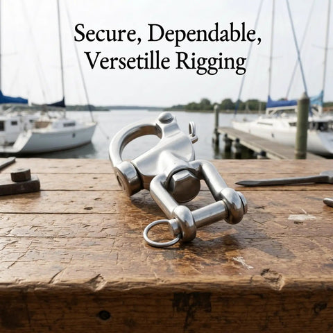 Heavy Duty 316 Stainless Steel Snap Shackles Quick Release Marine Swivel Hooks on wooden table near boats.