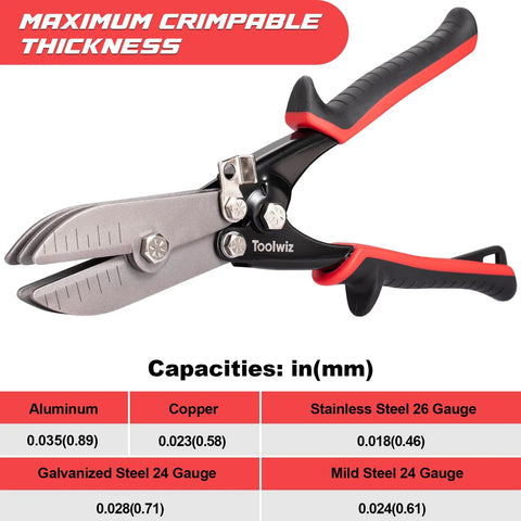 Toolwiz sheet metal crimping tool with black and red ergonomic handles for 24-26 gauge ductwork