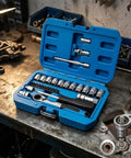 29 Piece Heavy Duty Through Hole Ratchet Socket Set Metric 12 Point Tool Kit Featuring Slick Rolling 72 Tooth Mechanism on workbench.
