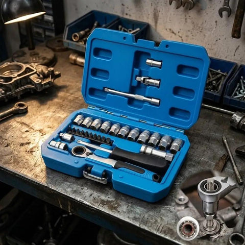 29 Piece Heavy Duty Through Hole Ratchet Socket Set Metric 12 Point Tool Kit Featuring Slick Rolling 72 Tooth Mechanism on workbench.
