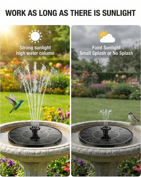Solar Fountain For Bird Bath 2026 Upgrade 1.4W Solar Power Water Pump With Seven Nozzles in sunlight with birds.