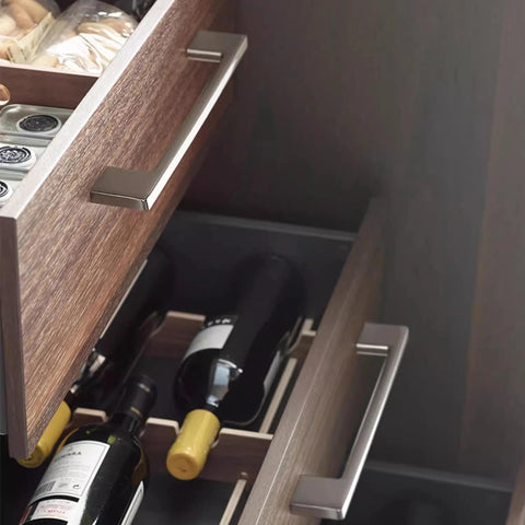 Square Drawer Pulls Two Pack Stainless Steel Cabinet Handles For Kitchen And Home Furniture, lateral view on wooden cabinets