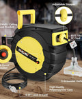65 Ft Retractable Extension Cord Reel With 3 Grounded Outlets, Lighted Triple Tap, shown with features and specifications