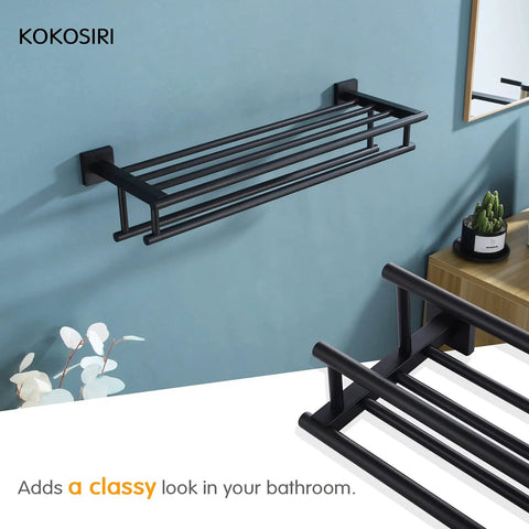 Matte Black Bath Towel Rack With Double Towel Bars 24 Inch Wall Mounted Stainless Steel Shelf shown in a bathroom setting