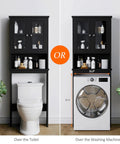 Over The Toilet Storage Cabinet For Bathroom, Black Space Saver With Two Tempered Glass Doors, Wood Construction CARB P2 Compliant Moisture Resistant Open Shelf And Enclosed Cabinet installed over toilet or washing machine.