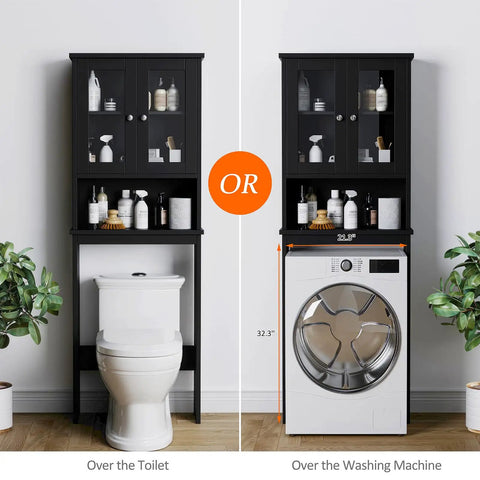 Over The Toilet Storage Cabinet For Bathroom, Black Space Saver With Two Tempered Glass Doors, Wood Construction CARB P2 Compliant Moisture Resistant Open Shelf And Enclosed Cabinet installed over toilet or washing machine.