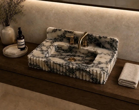 Premium Calacatta Viola Marble Fluted Vanity Sink Featuring Bold Stone Details And Dope Countertop Setup For Indoor Bathrooms Or Residential Vanities Built Tough For Daily Use on wooden countertop.