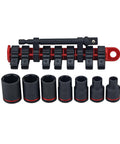 8 Piece 3/8 Inch Drive SAE Impact Socket Set With Heavy Duty Heat Treated Steel and socket strip on white background
