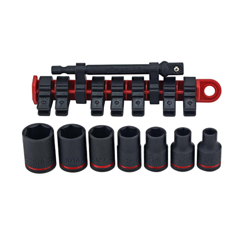 8 Piece 3/8 Inch Drive SAE Impact Socket Set With Heavy Duty Heat Treated Steel and socket strip on white background