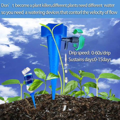 Plant Watering Spikes 12 Pack Auto Drippers Irrigation System With Adjustable Control Valve for Houseplants with sky background