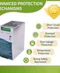 Heavy Duty Rock Solid 240 Watt 24 Volt 10 Amp Din Rail Industrial Power Supply For PLC Machinery showcasing protection features.