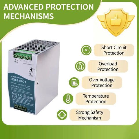 Heavy Duty Rock Solid 240 Watt 24 Volt 10 Amp Din Rail Industrial Power Supply For PLC Machinery showcasing protection features.