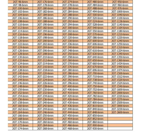 Chart of Durable 6mm 2GT Timing Belt Set sizes for 228-274 pitch pulleys, ideal for RC cars and small machinery, 10-pack.
