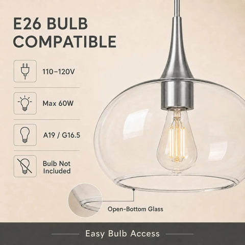 HXXLFONEDP Glass Pendant Light for Kitchen Island, 10 Inch, Brushed Nickel with E26 bulb compatibility and open-bottom design.