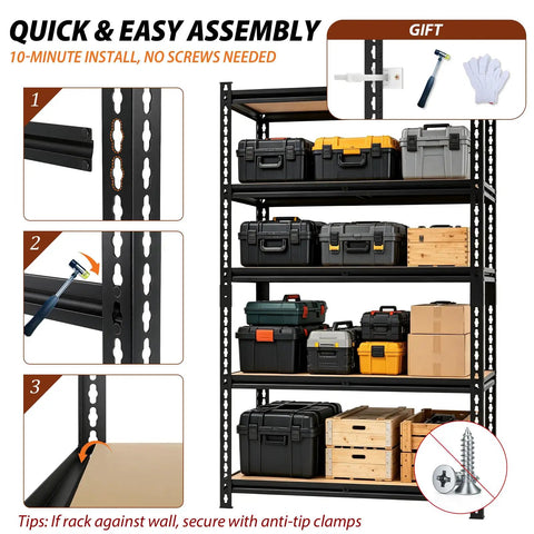 Heavy Duty 5 Tier Adjustable Storage Shelves Rack Holds Up To 3000 Lbs For Garage Kitchen Basement Pantry Or Warehouse Durable Metal Shelving With Solid Wooden Boards 72 In High 36 In Wide 16 In Deep Black, quick-assembly guide