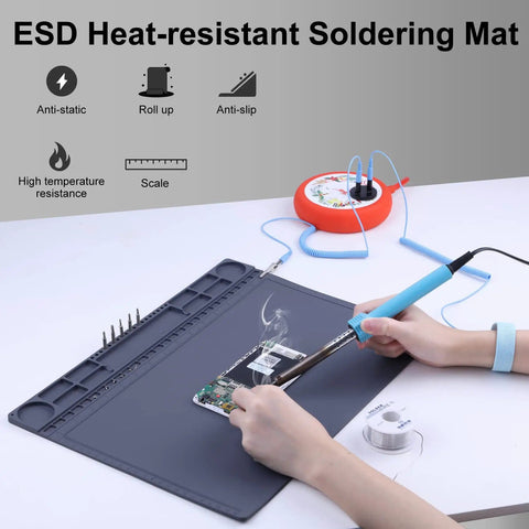 Anti Static Mat For PC Building And Electronics Repair, Heat Resistant Up To 932F, ESD Safe Soldering Pad with soldering iron and circuit.