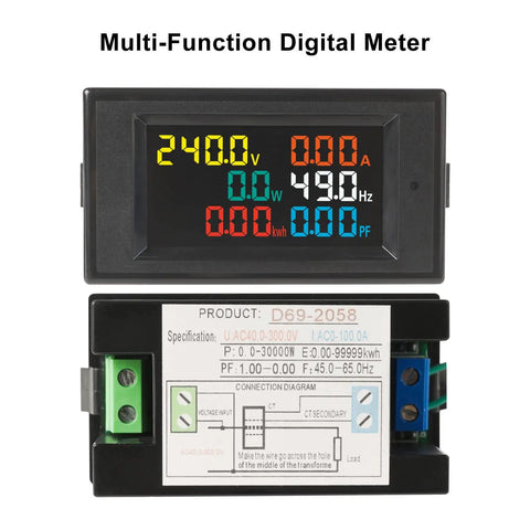 Power Detector Multi Function Meter With LCD Display for AC 40-300V and 0-99.99A showing measurements on screen