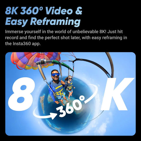 X4 8K 360 Action Camera Bundle captures paragliding scene with full 360-degree view and reframing capability.
