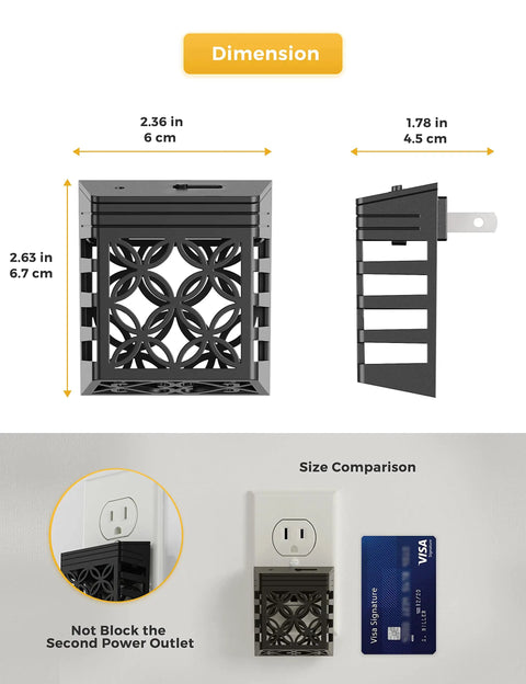 Dimensions of Dusk To Dawn LED Night Light With Dimmable Vintage Glow Soft White 3000K Black Frame Wall Decor alongside credit card size comparison.