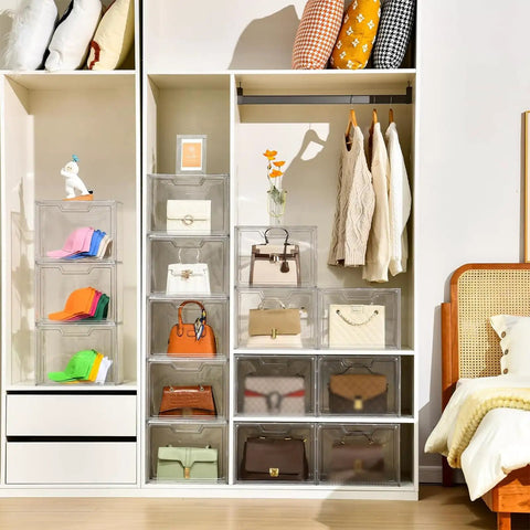 Clear Acrylic Purse Organizer Display Case for Closet with Magnetic Door See Through Handbag Storage Box 3 Pack in closet