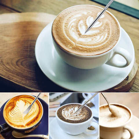 Coffee cups showcasing latte art with decorating pen, highlighting the 12oz Stainless Steel Milk Frothing Pitcher For Latte Art.
