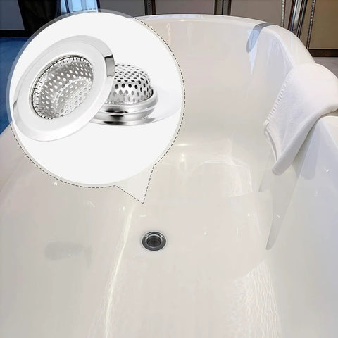 Real Heavy Hitter Stainless Steel Tub Drain Strainer And Shower Hair Catcher visible in bathtub, preventing hair blockage.
