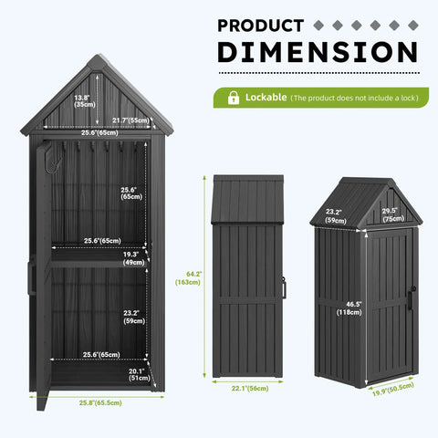 Vertical Outdoor Storage Shed With Waterproof Resin Cabinet Removable Shelves And Twelve Hooks Lockable Garden Tool Shed For Yard And Patio Built To Last No Fuss All Weather Black with dimensions