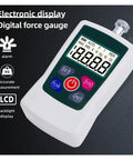 Digital Push Pull Gauge With Backlit Display Portable Dynamometer For On The Go Compression Tests AMF 500N Max 1 Percent Precision White Unit Requires Two AAA Batteries Not Included. white digital force gauge with LCD backlit display and control buttons