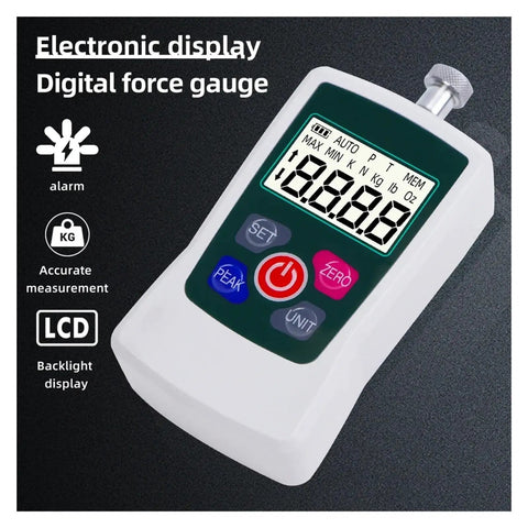 Digital Push Pull Gauge With Backlit Display Portable Dynamometer For On The Go Compression Tests AMF 500N Max 1 Percent Precision White Unit Requires Two AAA Batteries Not Included. white digital force gauge with LCD backlit display and control buttons