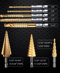 Pro Grade Step Drill Bits And Jobber Drill Bits Set With Titanium Plated HSS Hex Shank For Metal Wood And Plastic Includes 3 Step Bits With 10 Sizes And 5 Individual Jobber Bits Plus Plastic Index Storage Case, showing various sizes.