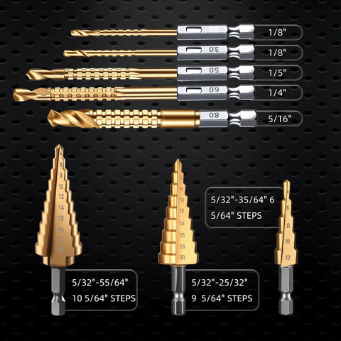 Pro Grade Step Drill Bits And Jobber Drill Bits Set With Titanium Plated HSS Hex Shank For Metal Wood And Plastic Includes 3 Step Bits With 10 Sizes And 5 Individual Jobber Bits Plus Plastic Index Storage Case, showing various sizes.