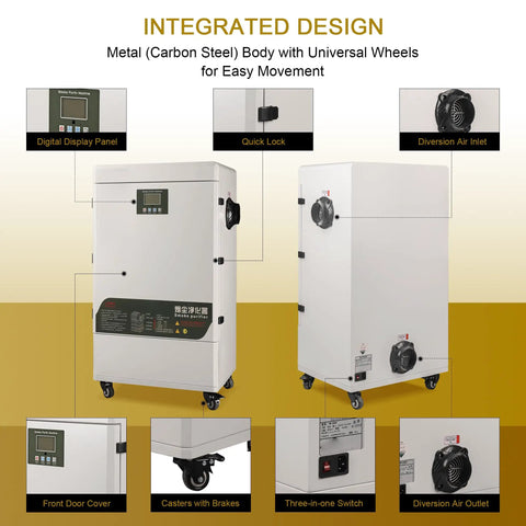 Heavy Duty Smoke Purifier Featuring Six Layer HEPA And Dual Carbon Fume Extractor With Spark Arrester with quick lock and digital panel.