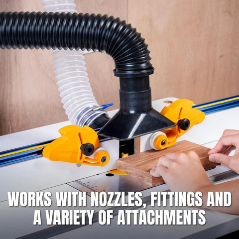 Two And A Quarter Inch Dust Collection Flexible Hose Kit with nozzles and screw end fittings attached to a workshop tool.