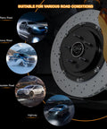 Ceramic Front Brake Pads Set For Ford Expedition 2010-2017 image with various road conditions: rainy, snowy, mountain, highway.