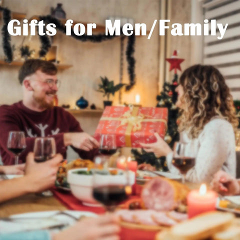 People exchanging gifts at a festive dinner table with holiday decorations and candles, text reading 'Gifts for Men/Family'