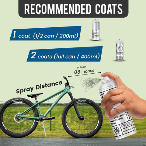 Hand holding Spray.Bike Frame Builder's Transparent Finish - Clear Coat Spray Paint, 2pk to apply recommended coats on a bike frame.