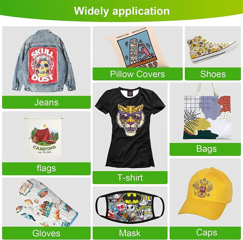 Various apparel and accessories made using DTF Transfer Film Kit 13x19 Inches A3 Plus 50 Sheets Double Sided Matte Clear Pretreat PET Heat Transfer Paper For DIY Direct Print On All Fabrics And Colors T Shirts, including jacket, shoes, shirt, and more.