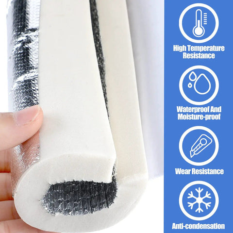 Close-up of Six Pack Pipe Insulation Foam Tubes with Self Adhesive Wrap, Aluminum Foil Duct Shield, 15mm Thick By 1.3ft