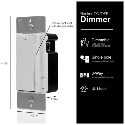 Rocker Dimmer Switch For LED Lights with On Off Paddle Full Range Dimming Single Pole Or 3 Way Energy Saving UL Listed, side view