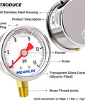 Stainless Steel Liquid Filled Pressure Gauge 0-15 Psi, 1.5 Inch Dial, 1/8 In NPT, Glycerin Filled, Brass Thread Joints